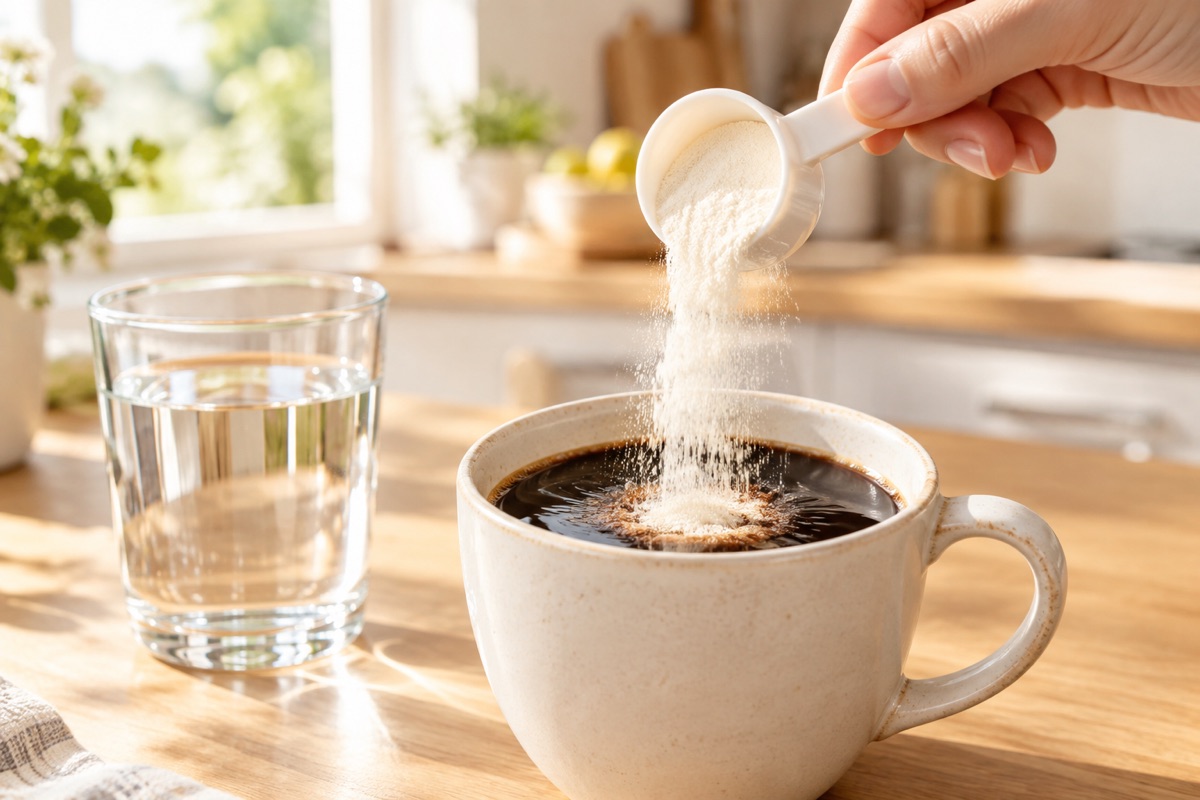 Colágeno en polvo de sabor neutro añadido a una taza de café