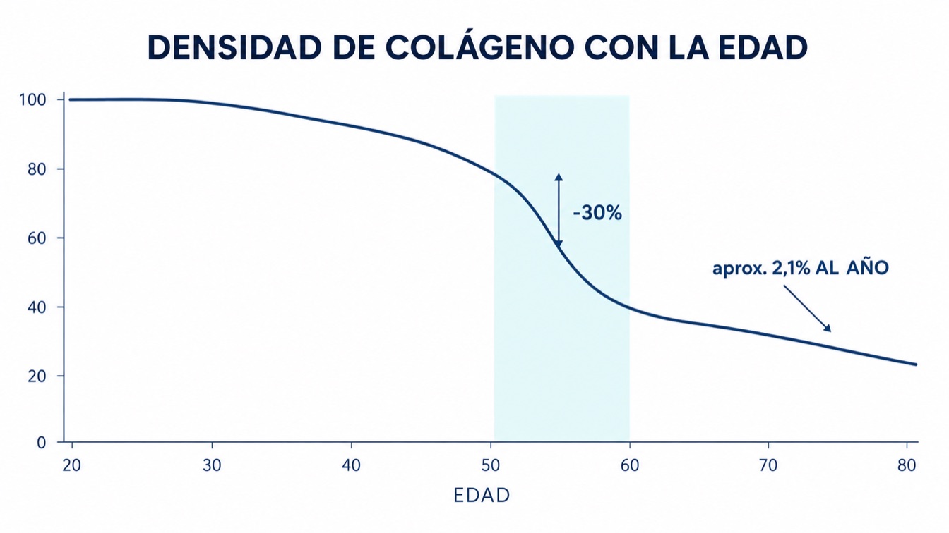 Curva de la densidad de colágeno con la edad, con una caída marcada a partir de la mediana edad