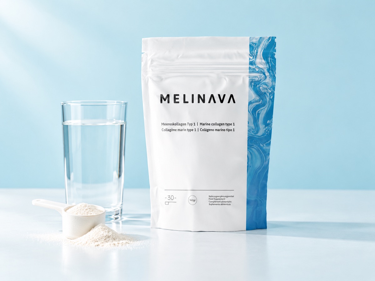 Melinava Colágeno Marino con vaso de agua y cacito dosificador