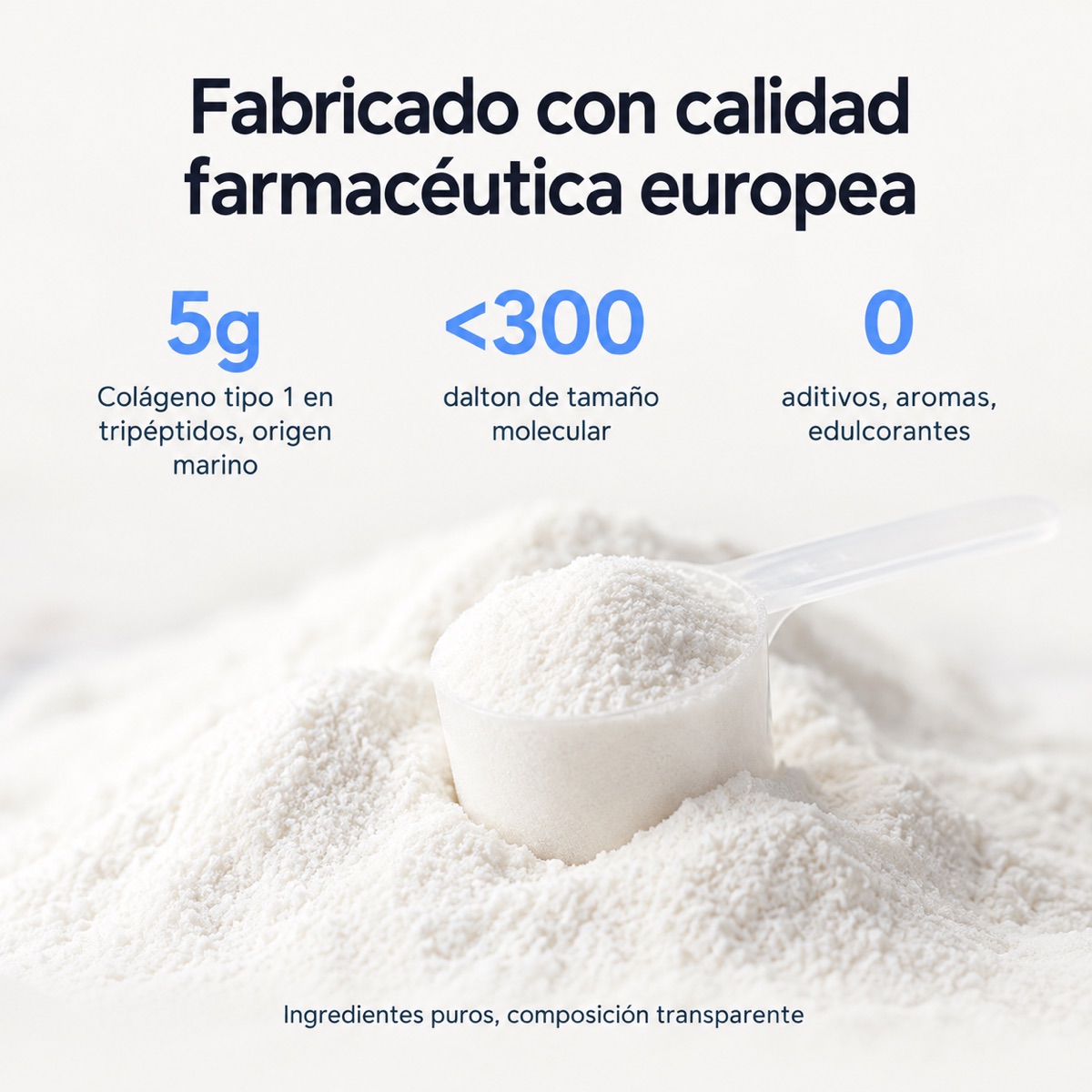 Datos del producto: 5 g de colágeno tipo 1 en tripéptidos, menos de 300 daltons, 0 aditivos