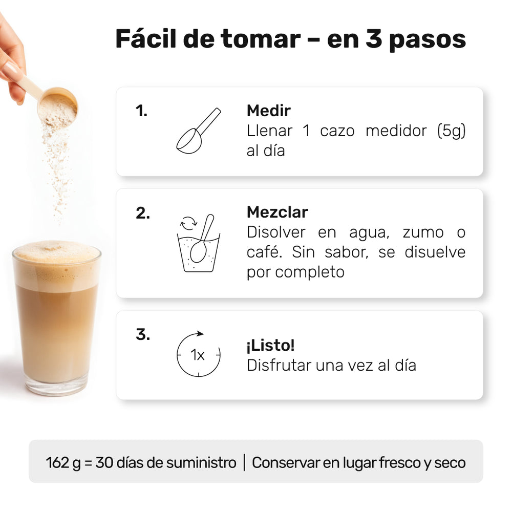 Fácil de tomar en 3 pasos: medir, mezclar y disfrutar