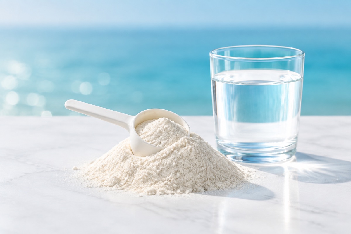 Colágeno puro en polvo con cacito y vaso de agua sobre fondo marino