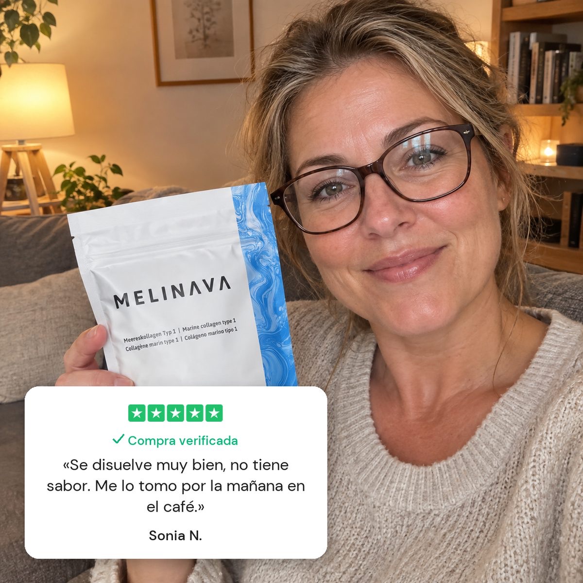 Clienta con la bolsa de Melinava y reseña de 5 estrellas