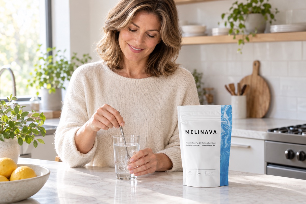 Mujer disolviendo Colágeno Marino en un vaso de agua junto a la bolsa de Melinava